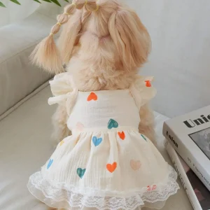Cream Heart Print Ruffle Dress for Small Dogs