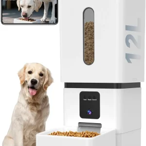 Smart Automatic Dog Feeder with Camera, 12L Capacity, WiFi App Control, HD Night Vision for Large Breeds